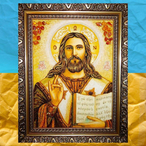 Ікона з бурштину Ісус Христос Господь Вседержитель  15*20